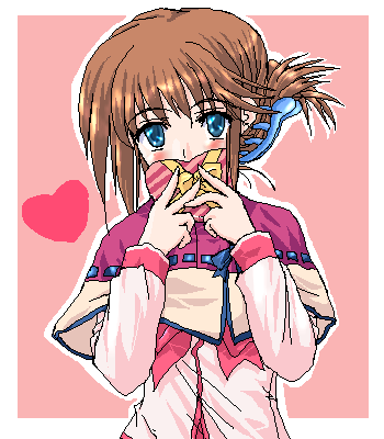 kamisato kisugi, komaki manaka, to heart (series), to heart 2, lowres, 00s, 1girl, blue eyes, blush, brown hair, candy, chocolate, chocolate heart, female focus, folded ponytail, food, hair ornament, hairclip, heart, school uniform, solo