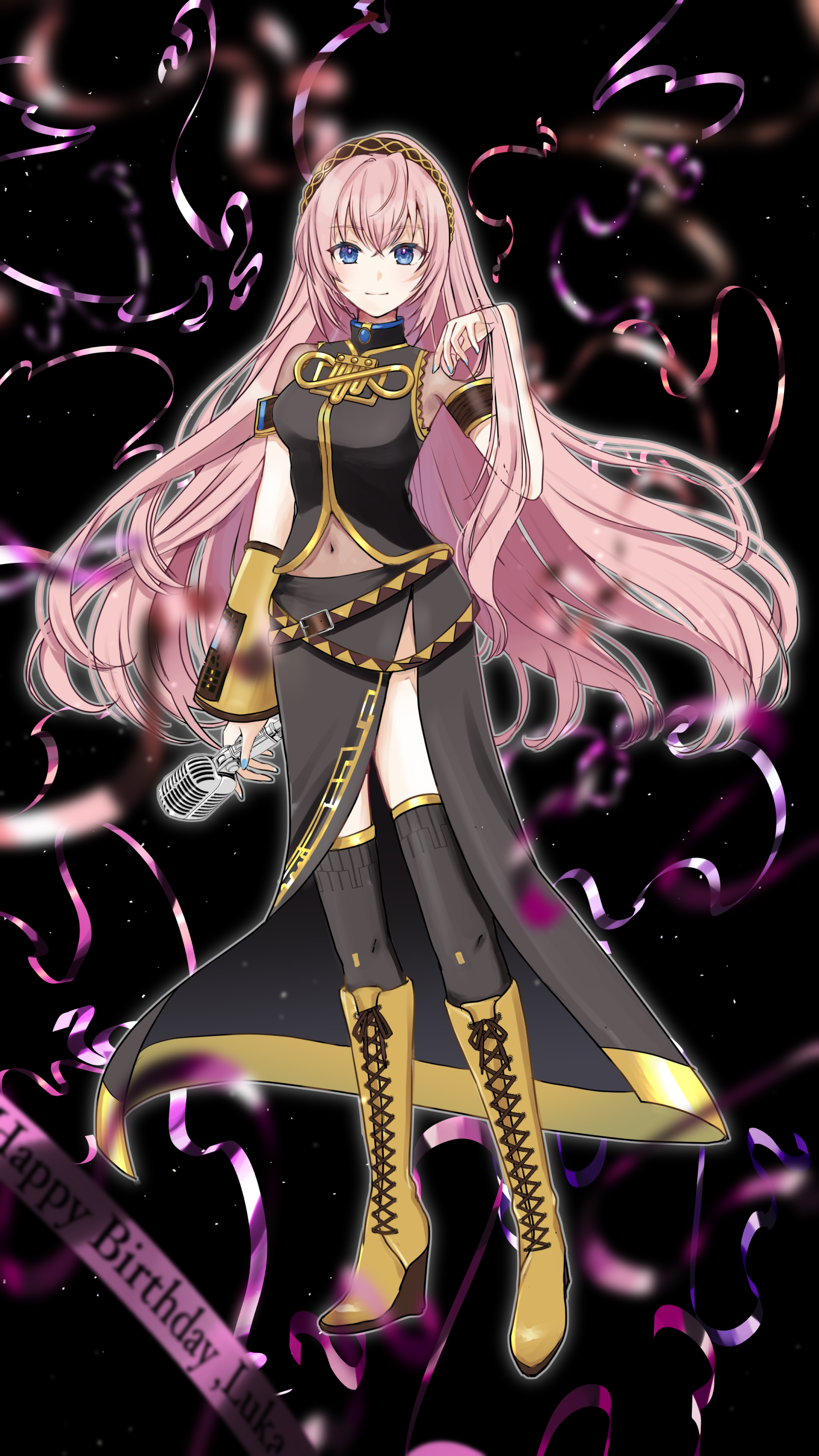 mofmama, megurine luka, vocaloid, absurdres, commentary request, highres, 1girl, arm at side, black background, black hairband, black shirt, black skirt, black thighhighs, blue eyes, blue nails, boots, breasts, closed mouth, confetti, covered navel, crossed bangs, detached sleeves, full body, gold trim, grey outline, hair between eyes, hairband, hand in own hair, hand up, happy birthday, high heel boots, high heels, holding, holding microphone, knee boots, lace-up boots, legs apart, long hair, long skirt, long sleeves, looking at viewer, medium breasts, microphone, nail polish, navel, outline, pink hair, see-through clothes, shirt, short sleeves, side slit, simple background, single detached sleeve, skirt, sleeveless, sleeveless shirt, sleeveless turtleneck, smile, solo, standing, thighhighs, turtleneck, turtleneck shirt, very long hair, yellow boots, yellow sleeves