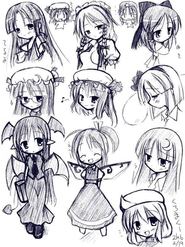mizuno kurage, daiyousei, flandre scarlet, hakurei reimu, hong meiling, houraisan kaguya, izayoi sakuya, koakuma, konpaku youmu, konpaku youmu (ghost), letty whiterock, patchouli knowledge, remilia scarlet, touhou, 6+girls, bat wings, female focus, greyscale, hitodama, monochrome, multiple girls, open clothes, open shirt, shirt, siblings, sisters, sketch, wings