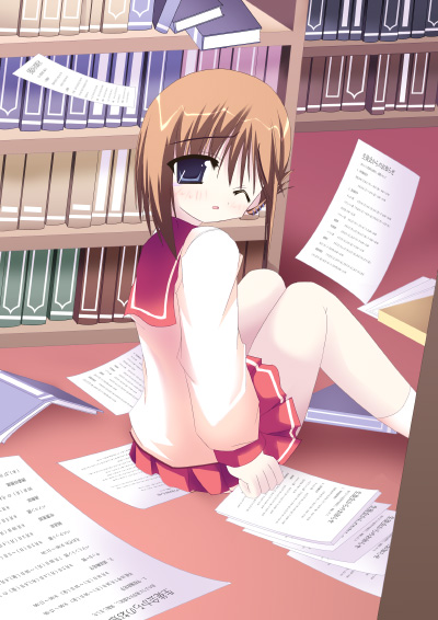 komaki manaka, to heart (series), to heart 2, 00s, 1girl, book, bookshelf, female focus, folded ponytail, library, one eye closed, solo