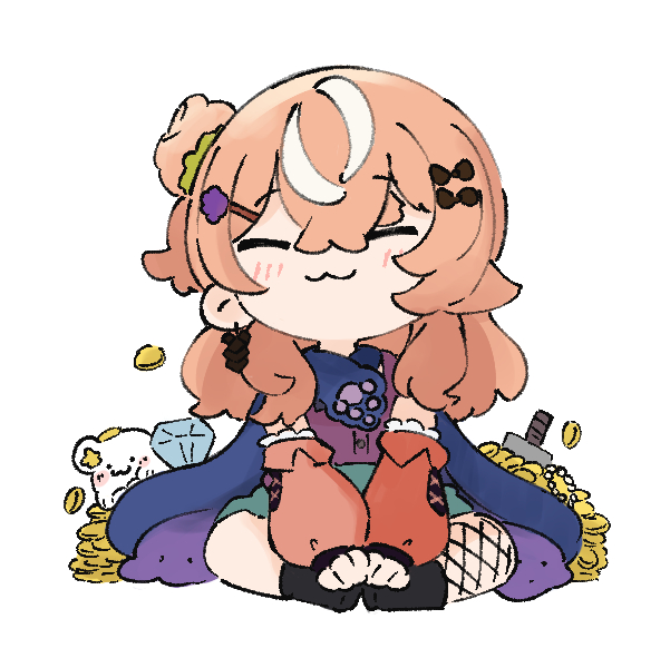 nozo (hitomiz), igarashi rika, nijisanji, commentary, symbol-only commentary, 1girl, :3, animal, black bow, blue cloak, blush, bow, brown hair, brown sleeves, chibi, cloak, closed eyes, closed mouth, coin, detached sleeves, diamond (gemstone), facing viewer, fishnet pantyhose, fishnets, full body, green skirt, hair between eyes, hair bow, hair bun, hair ornament, hairclip, long hair, long sleeves, multicolored hair, one side up, pantyhose, puffy long sleeves, puffy sleeves, purple shirt, seal (animal), shirt, simple background, single leg pantyhose, single side bun, skirt, solo, streaked hair, virtual youtuber, white background, white hair