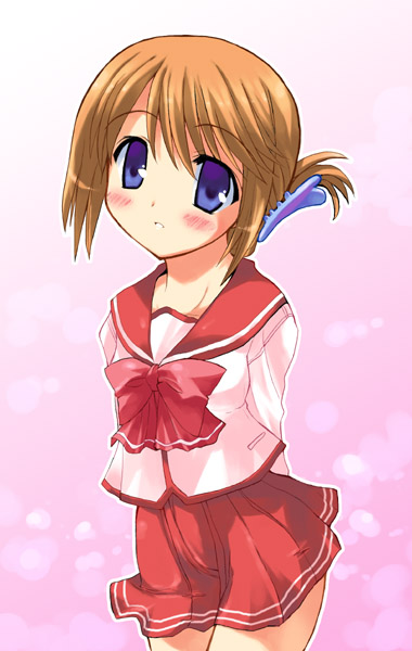 komaki manaka, to heart (series), to heart 2, 00s, 1girl, arms behind back, bad anatomy, blue eyes, blush, bow, bowtie, brown hair, cowboy shot, female focus, folded ponytail, looking at viewer, parted lips, pink background, pleated skirt, red skirt, sailor collar, school uniform, serafuku, simple background, skirt, solo, teeth