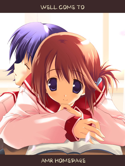 komaki manaka, tonami yuma, to heart (series), to heart 2, 00s, 2girls, blue eyes, blush, book, brown hair, closed eyes, english text, engrish text, folded ponytail, long sleeves, looking at viewer, multiple girls, open book, profile, purple hair, ranguage, school uniform, serafuku, smile