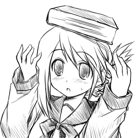 komaki manaka, to heart (series), to heart 2, lowres, 00s, 1girl, :o, book, book on head, female focus, folded ponytail, greyscale, long sleeves, looking at viewer, monochrome, object on head, parted lips, school uniform, simple background, solo, sweatdrop, white background