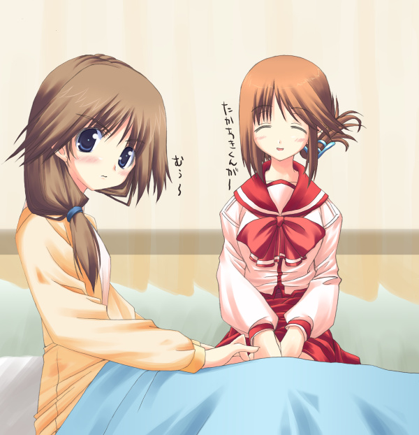 komaki ikuno, komaki manaka, to heart (series), to heart 2, 00s, 2girls, bed, bed sheet, brown hair, closed eyes, folded ponytail, grey eyes, multiple girls, pajamas, school uniform, serafuku, siblings, sisters