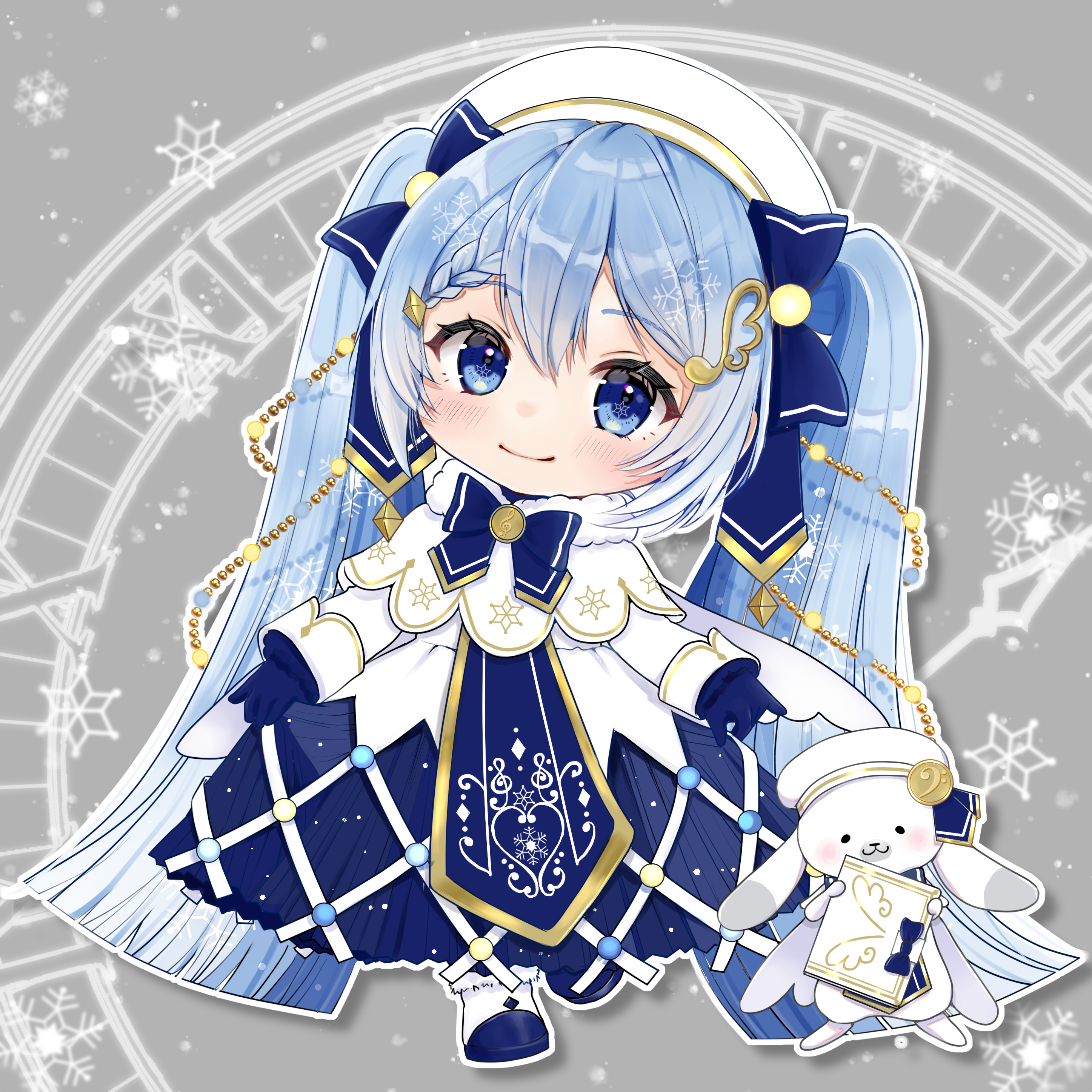 mofmama, hatsune miku, rabbit yukine, yuki miku, yuki miku (2021), vocaloid, absurdres, commentary, highres, 1girl, :3, animal, ankle boots, blue bow, blue bowtie, blue eyes, blue gloves, blue hair, blunt ends, blush, boots, bow, bowtie, braid, capelet, chibi, chibi only, closed mouth, double-parted bangs, dress, fortissimo, full body, fur-trimmed boots, fur-trimmed capelet, fur trim, gloves, grey background, hair between eyes, hair bow, hair ornament, hat, long dress, long hair, long sleeves, looking at viewer, musical note, musical note hair ornament, outline, rabbit, single braid, skirt hold, sleeve cuffs, smile, snowflakes, solo, standing, standing on one leg, twintails, very long hair, white boots, white capelet, white dress, white hat, white outline, white rabbit (animal)