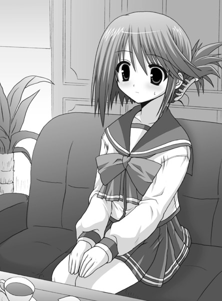 komaki manaka, to heart (series), to heart 2, 00s, 1girl, bow, bowtie, couch, cup, female focus, folded ponytail, greyscale, indoors, monochrome, own hands together, plant, school uniform, short hair, sitting, solo, sweatdrop, table, tea, teacup, v arms