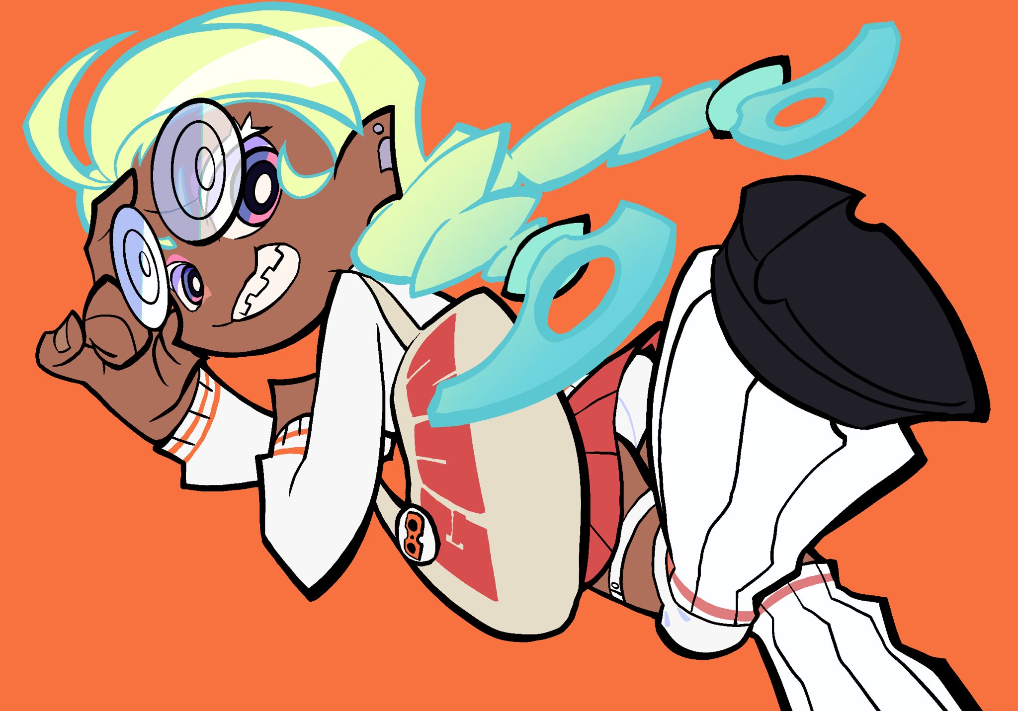 mattdiex0515, gunsmith bitch (psg), panty & stocking with garterbelt, highres, 1girl, blonde hair, braces, braid, coke-bottle glasses, colored eyelashes, dark-skinned female, dark skin, glasses, grin, multicolored hair, panties, pantyshot, smile, twin braids, underwear, upskirt, white eyelashes