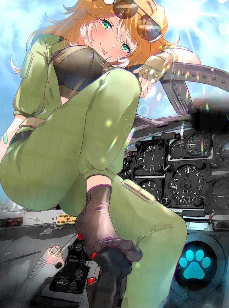 bonnie barkswell, globie, artist request, paid reward available, second-party source, 1girl, :p, animal ears, aqua eyes, aviator sunglasses, bandaid, bandaid on arm, cockpit, dog ears, dog girl, eyewear on head, feet, fingerless gloves, flight suit, gloves, orange hair, paw print, socks, solo, sunglasses, tongue, tongue out, virtual youtuber, watermark, white hair