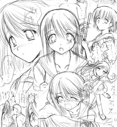 komaki manaka, lucy maria misora, tonami yuma, to heart (series), to heart 2, lowres, 00s, 3girls, blush, folded ponytail, greyscale, kiss, long hair, looking at viewer, monochrome, multiple expressions, multiple girls, open mouth, running, school uniform, serafuku, short hair, sketch, tears