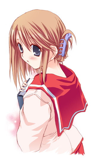 komaki manaka, to heart (series), to heart 2, 00s, 1girl, :o, blush, book, embarrassed, female focus, folded ponytail, long sleeves, parted lips, sailor collar, school uniform, shirt, simple background, solo, white background