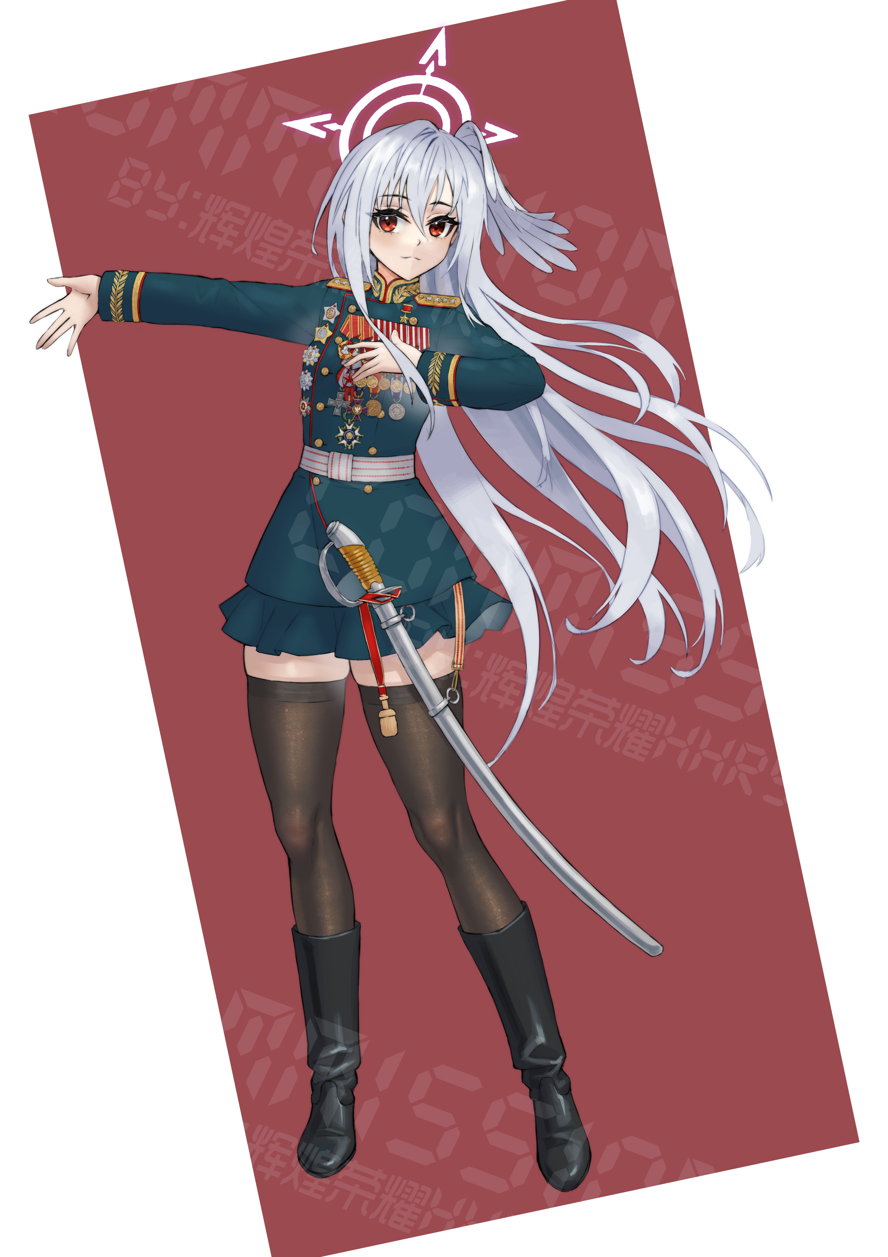 huihuang rongyao, suzumi (blue archive), blue archive, absurdres, commentary request, highres, 1girl, black boots, blue jacket, blue skirt, boots, breasts, brown background, brown thighhighs, feathered wings, frilled skirt, frills, full body, grey hair, grey wings, halo, head wings, jacket, long hair, long sleeves, medal, military uniform, outstretched arm, saber (weapon), sheath, sheathed, single head wing, skirt, small breasts, solo, standing, sword, thighhighs, thighhighs under boots, two-tone background, very long hair, watermark, weapon, white background, wings