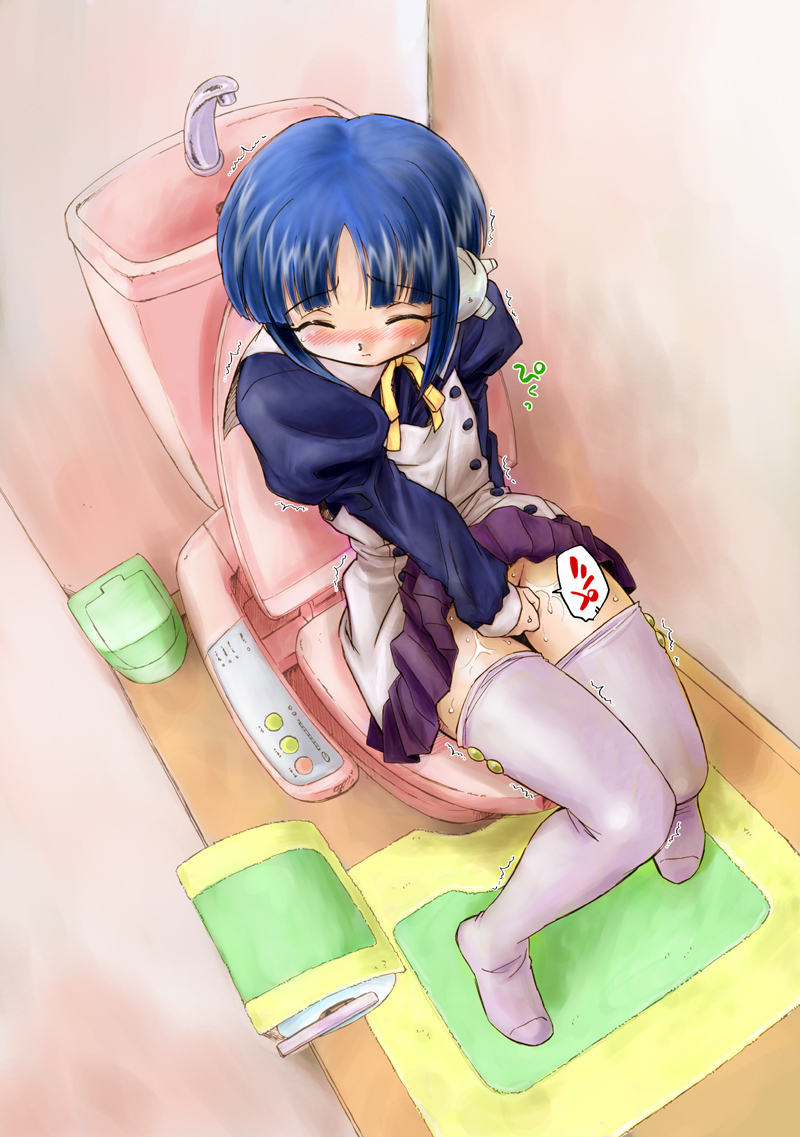 ilfa (to heart), to heart (series), to heart 2, artist request, 00s, 1girl, bathroom, black shirt, blue hair, blush, closed eyes, clothes lift, female focus, female masturbation, fingering, flat chest, long sleeves, maid, masturbation, neck ribbon, puffy sleeves, purple skirt, purple thighhighs, pussy juice, ribbon, robot, robot ears, shirt, short hair, sitting, skirt, skirt lift, solo, thighhighs, toilet, toilet paper, trash can, trembling, yellow ribbon