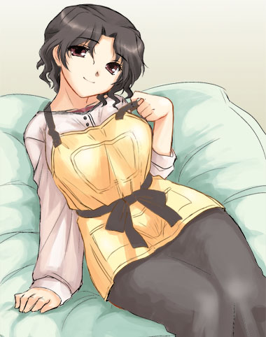 dr.p, yuzuhara haruka, to heart (series), to heart 2, lowres, 00s, apron, mature female, simple background, solo, undressing