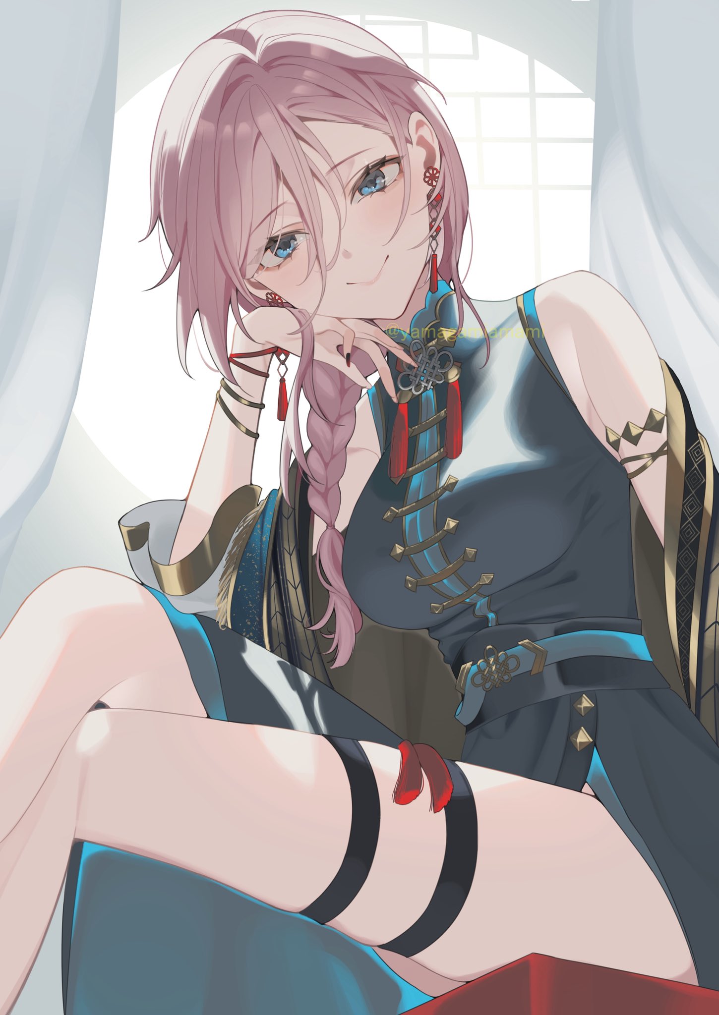 yamagamiamami, takane lui, takane lui (5th costume), hololive, commentary, highres, 1girl, aqua sash, armlet, blue dress, blue eyes, blush, bracelet, braid, braided ponytail, breasts, china dress, chinese clothes, closed mouth, crossed legs, curtains, dress, earrings, endless knot, feet out of frame, gold trim, hair between eyes, hand on own chin, head rest, jewelry, long hair, long hair between eyes, looking at viewer, medium breasts, nail polish, official alternate costume, pink hair, red nails, sash, sitting, sleeveless, sleeveless dress, smile, solo, tassel, tassel earrings, thigh strap, twitter username, virtual youtuber, window