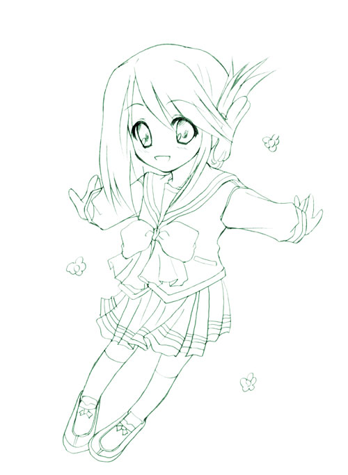 komaki manaka, to heart (series), to heart 2, 00s, 1girl, :d, bow, bowtie, female focus, folded ponytail, full body, looking at viewer, monochrome, open mouth, pleated skirt, school uniform, skirt, smile, solo, thighhighs, zettai ryouiki