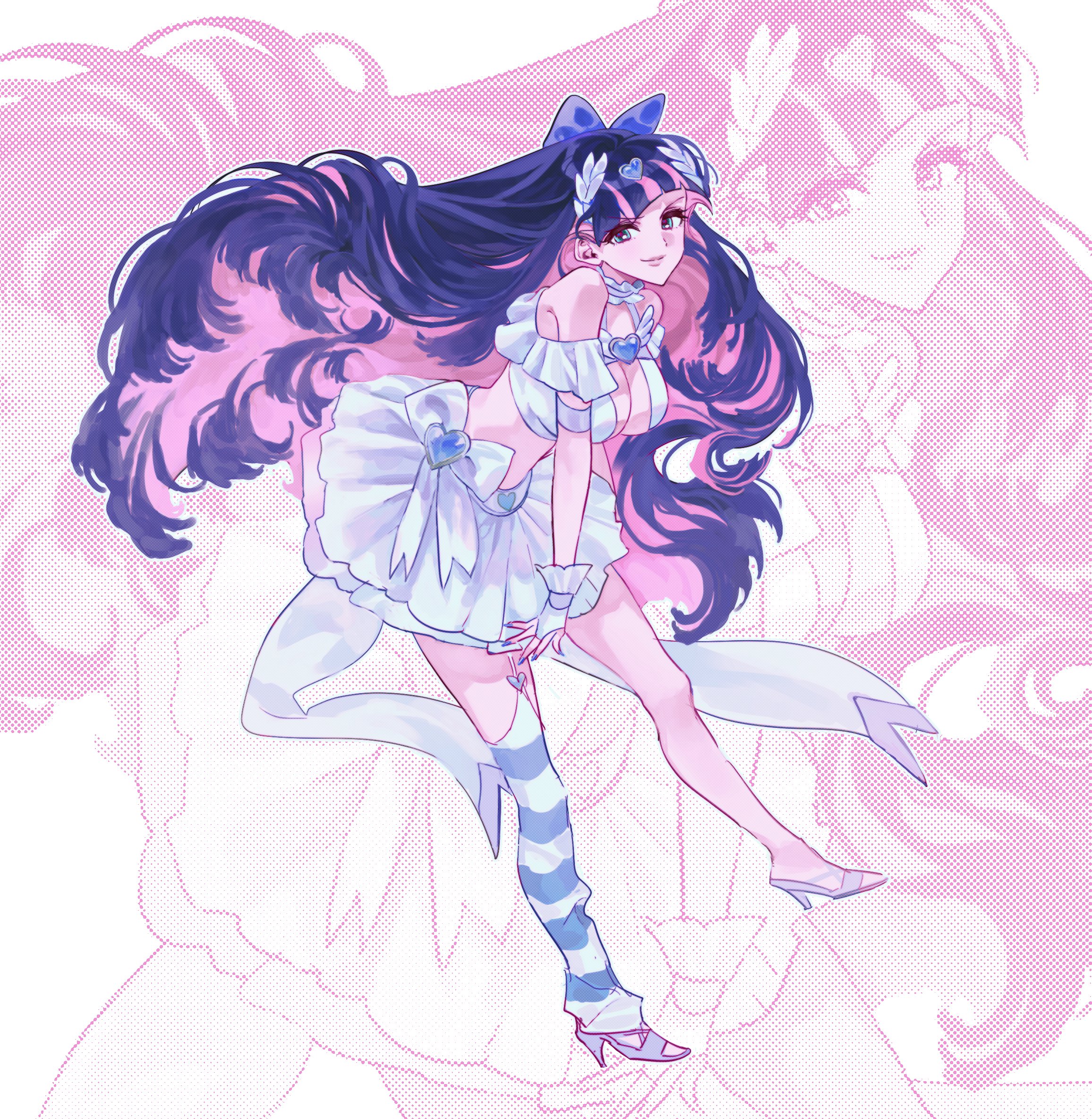 stocking (psg), panty & stocking with garterbelt, highres, 1girl, blue eyes, blunt bangs, bow, breasts, colored inner hair, hair bow, large breasts, long hair, multicolored hair, new sem, pink hair, solo, striped clothes, striped thighhighs, thighhighs, two-tone hair
