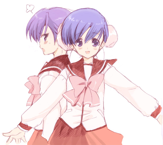 himeyuri ruri, himeyuri sango, to heart (series), to heart 2, 00s, 2girls, bun cover, double bun, hair bun, multiple girls, purple hair, school uniform, serafuku, siblings, sisters, tsundere, twins