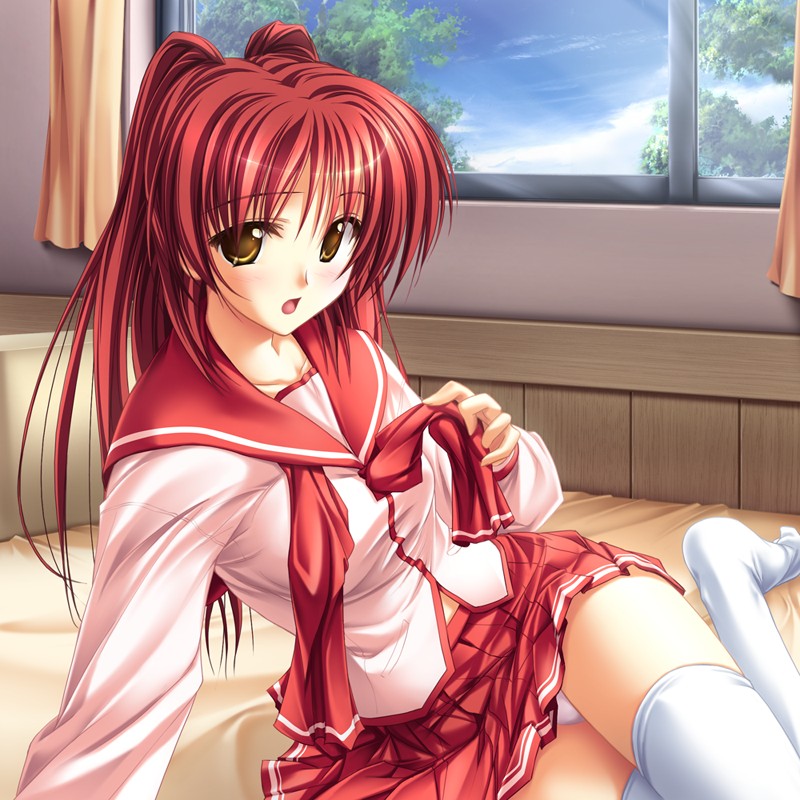tenmaso, kousaka tamaki, to heart (series), to heart 2, untied, game cg, 00s, 1girl, :o, arm support, bed, blouse, blush, breasts, brown eyes, cloud, curtains, day, embarrassed, female focus, indoors, leaning, long hair, long sleeves, looking at viewer, midriff peek, miniskirt, neckerchief, on bed, panties, pantyshot, pleated skirt, pocket, red hair, red skirt, ribbon, school uniform, serafuku, shirt, sitting, skirt, sky, solo, surprised, taut clothes, thighhighs, tree, underwear, undressing, white panties, white thighhighs, window, yellow eyes, yokozuwari, zettai ryouiki