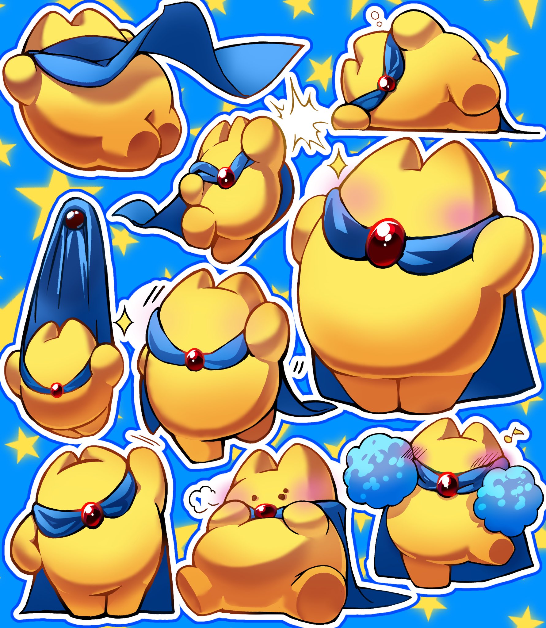 shizu ponnu, starman (kirby), kirby (series), kirby air ride, kirby air riders, nintendo, highres, arms up, blue background, blue cloak, blush, cloak, colored skin, flying, jewelry, lying, multiple views, no humans, pom pom (cheerleading), sitting, standing, star (symbol), star symbol background, yellow skin