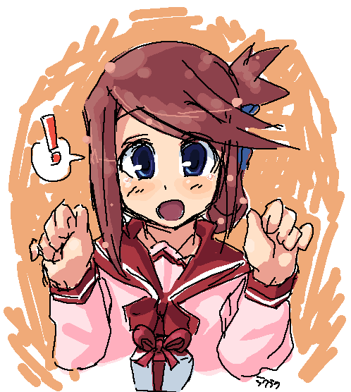 komaki manaka, to heart (series), to heart 2, !, 00s, 1girl, :o, blue eyes, blush, brown hair, female focus, folded ponytail, gift, long sleeves, looking at viewer, open mouth, sailor collar, school uniform, solo, speech bubble, spoken exclamation mark, teeth