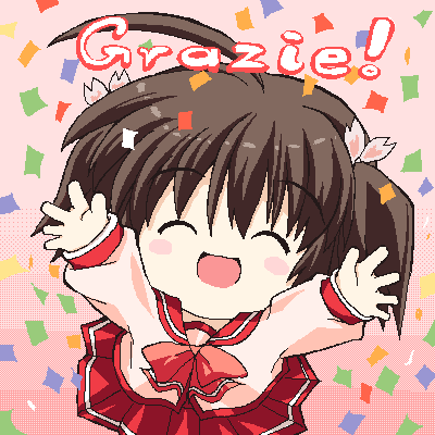 yuzuhara konomi, to heart (series), to heart 2, lowres, 00s, 1girl, chibi, chibi only, closed eyes, female focus, italian text, open mouth, pleated skirt, school uniform, serafuku, skirt, solo, thank you