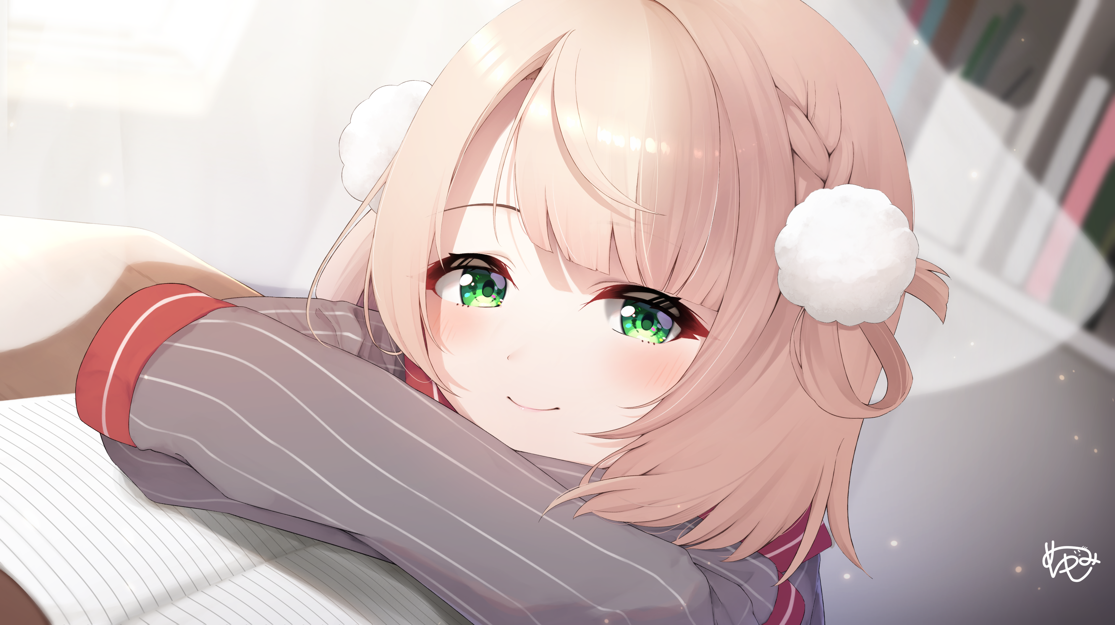shigure ui (vtuber), shigure ui (vtuber) (1st costume), indie virtual youtuber, absurdres, commentary request, highres, 1girl, blonde hair, blunt bangs, braid, classroom, closed mouth, crossed arms, desk, green eyes, grey jacket, hair ornament, hair rings, head on table, head rest, indoors, jacket, light particles, long sleeves, looking at viewer, medium hair, no headwear, pom pom (clothes), pom pom hair ornament, red sleeve cuffs, school, school uniform, side braid, side part, side up ring, sleeve cuffs, sleeves past wrists, smile, solo, swept bangs, upper body, virtual youtuber, ym3j 21
