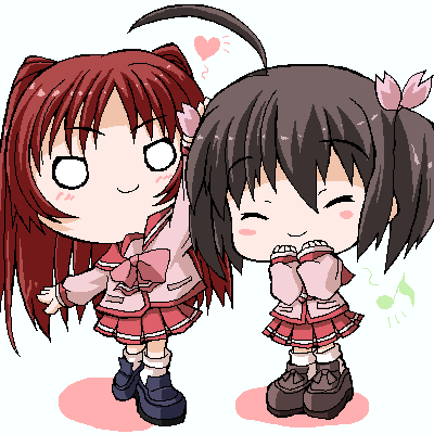 kousaka tamaki, yuzuhara konomi, to heart (series), to heart 2, lowres, 00s, 2girls, ahoge, chibi, chibi only, heart, long sleeves, multiple girls, musical note, oekaki, pleated skirt, quaver, school uniform, serafuku, skirt