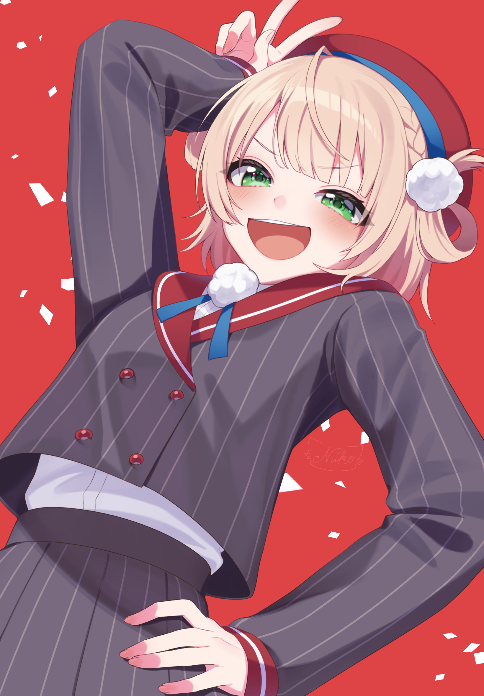 sya0 ma0, shigure ui (vtuber), shigure ui (vtuber) (1st costume), indie virtual youtuber, commentary request, highres, 1girl, :d, arched back, beret, blonde hair, blue ribbon, blunt bangs, blush, braid, buttons, cowboy shot, double-breasted, dress shirt, fingernails, green eyes, grey jacket, grey skirt, hair ornament, hair rings, hand on own hip, hat, jacket, long sleeves, neck ribbon, open mouth, pinstripe pattern, pinstripe skirt, pleated skirt, pom pom (clothes), pom pom hair ornament, red background, red hat, red sailor collar, red sleeve cuffs, ribbon, sailor collar, school uniform, shirt, short hair, side braid, side part, side up ring, simple background, skirt, sleeve cuffs, smile, solo, swept bangs, v, v-shaped eyebrows, v over head, valentine, virtual youtuber, white shirt