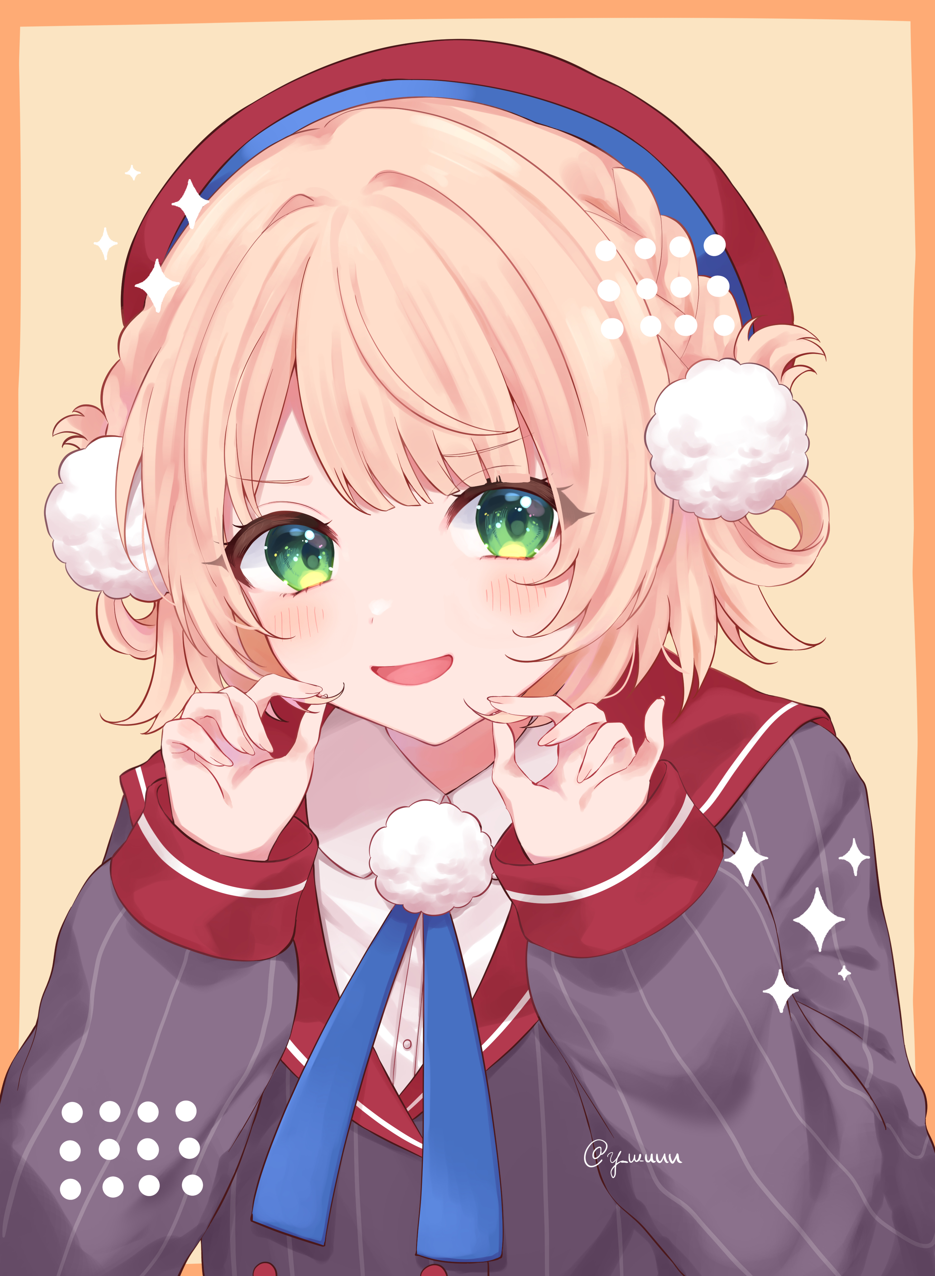 y w uuu, shigure ui (vtuber), shigure ui (vtuber) (1st costume), indie virtual youtuber, absurdres, commentary, highres, 1girl, beret, blonde hair, blue ribbon, blunt bangs, border, braid, collared shirt, dress shirt, fidgeting, green eyes, grey jacket, hair ornament, hair rings, hat, jacket, long sleeves, neck ribbon, orange border, pom pom (clothes), pom pom hair ornament, red hat, red sailor collar, red sleeve cuffs, ribbon, sailor collar, school uniform, shirt, short hair, shy, side braid, side part, side up ring, sleeve cuffs, solo, twirling hair, twitter username, upper body, virtual youtuber, white shirt, yellow background
