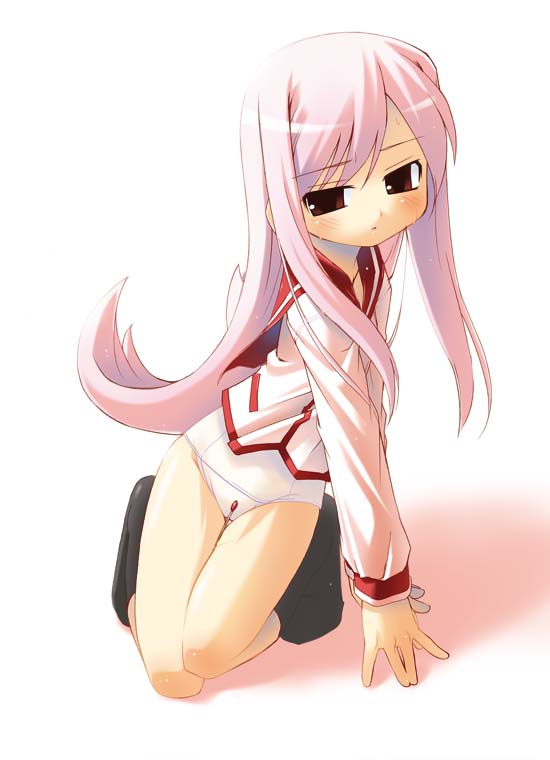 lucy maria misora, to heart (series), to heart 2, 00s, 1girl, arm support, black socks, blush, female focus, kneeling, long hair, no pants, panties, pink eyes, pink hair, school uniform, serafuku, socks, solo, thigh gap, thighs, underwear, white panties