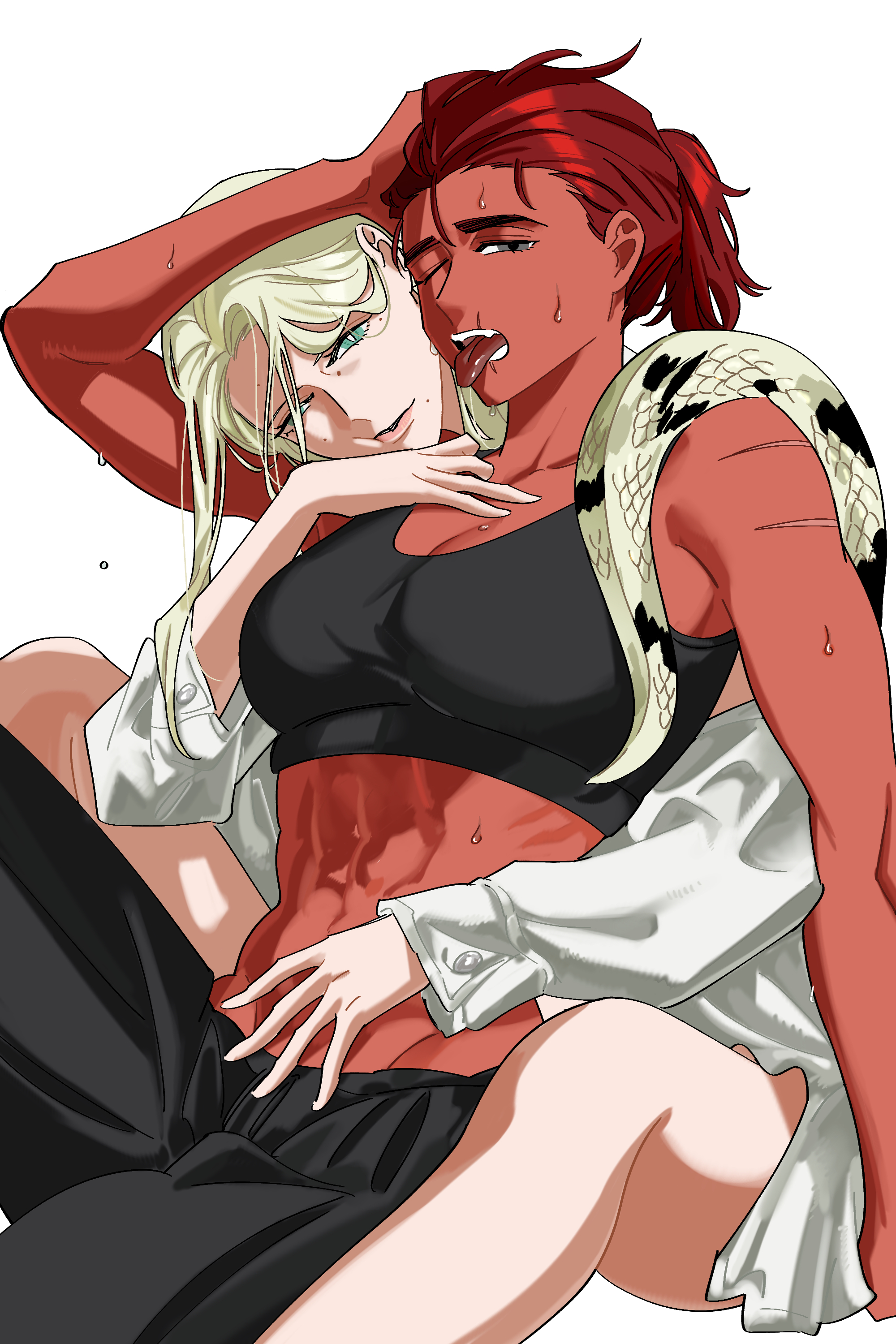 snapagi, on a leash, absurdres, commentary request, highres, korean commentary, official art, 2girls, abs, arm up, between legs, black pants, black sports bra, blonde hair, breasts, bright pupils, cleavage, colored skin, green eyes, grey eyes, hand on own head, hug, hug from behind, large breasts, long hair, long sleeves, looking at viewer, medium hair, missing finger, multiple girls, no shirt, one eye closed, open mouth, pants, ponytail, red hair, red skin, scar, scar on arm, shirt, simple background, sitting, sports bra, sweat, toned, toned female, tongue, tongue out, white background, white pupils, white shirt, yuri