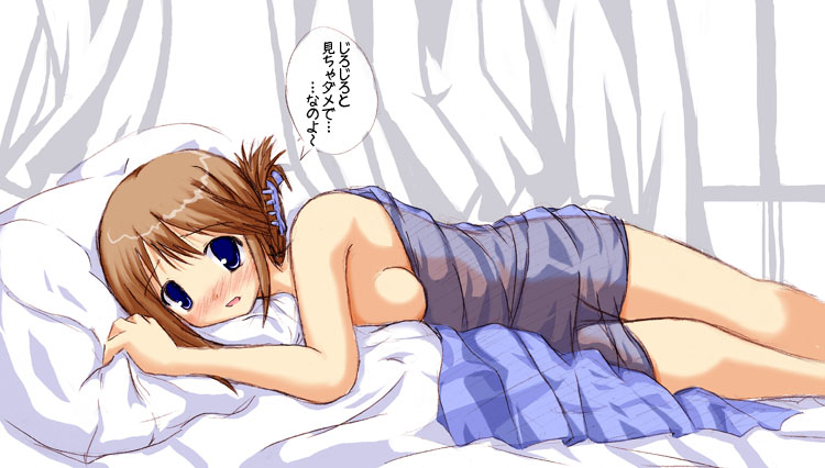 komaki manaka, to heart (series), to heart 2, 00s, 1girl, bare shoulders, blood, blue eyes, breasts, brown hair, curtains, female focus, folded ponytail, indoors, lying, no bra, nosebleed, on bed, on side, pillow, short hair, sideboob, solo, window