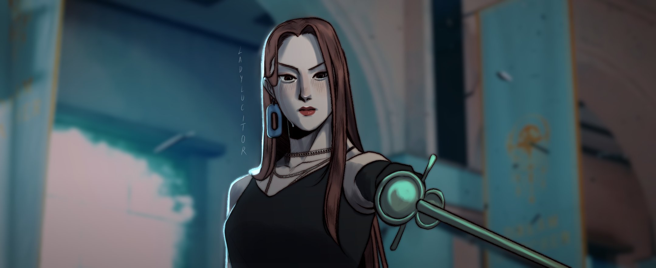 mira (kpop demon hunters), kpop demon hunters, commentary, english commentary, highres, 1girl, black dress, black gloves, brown hair, chain, chain necklace, cosplay, dreamcatcher (group), dress, gloves, holding, holding sword, holding weapon, jewelry, jiu (dreamcatcher), jiu (dreamcatcher) (cosplay), long hair, lucitorart, necklace, pointing melee weapon, pointing sword, red lips, solo, sword, tears, tears from one eye, weapon