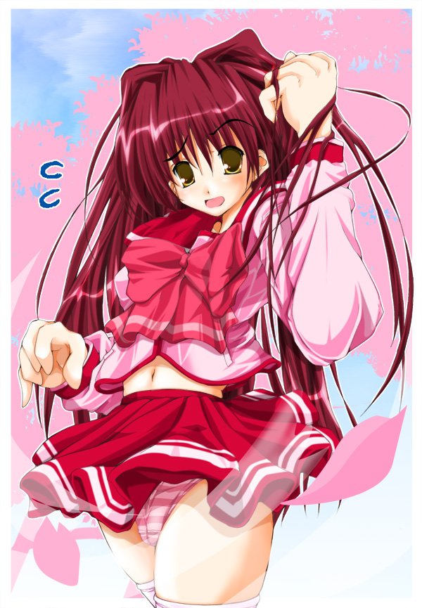 kousaka tamaki, to heart (series), to heart 2, 00s, 1girl, bow, brown eyes, female focus, long hair, midriff, panties, pink bow, pink panties, red hair, school uniform, serafuku, solo, standing, thighhighs, underwear, white thighhighs