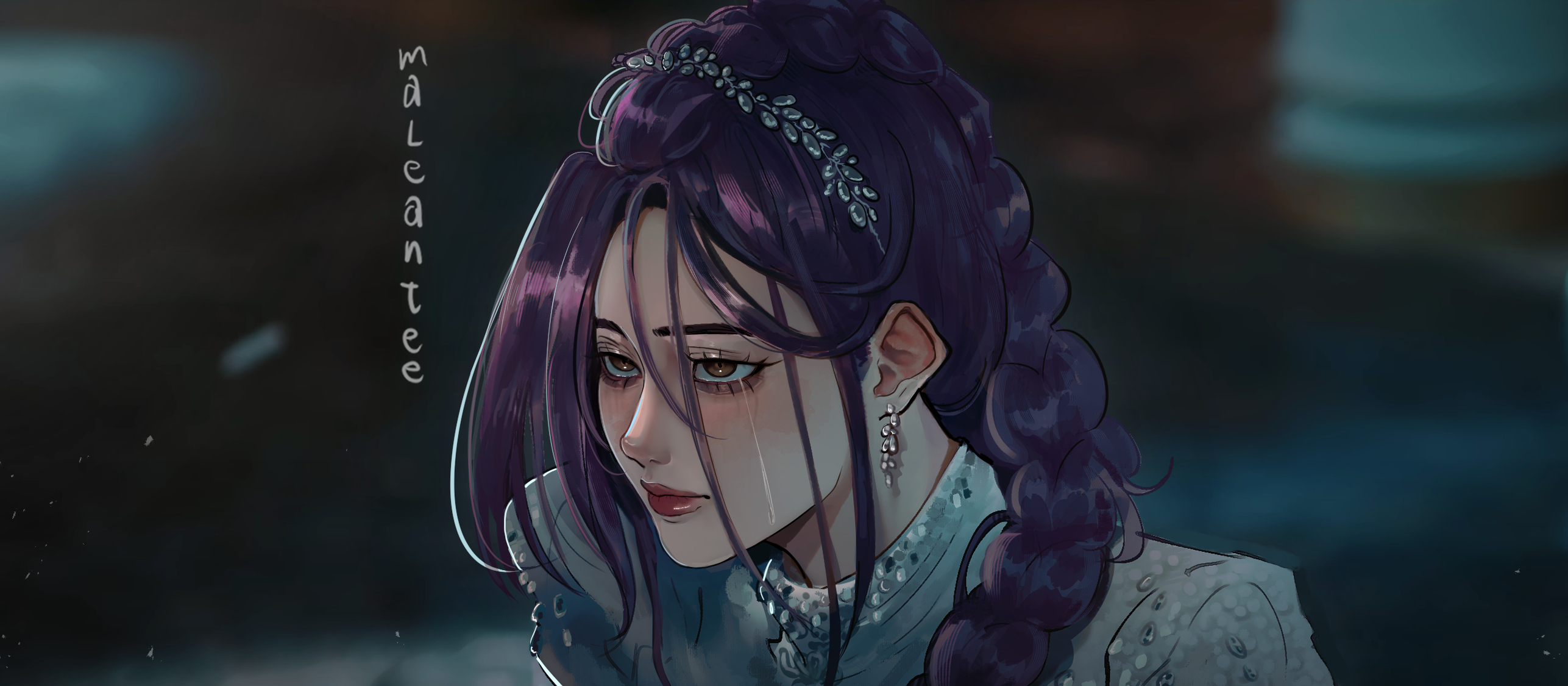 rumi (kpop demon hunters), kpop demon hunters, commentary, english commentary, highres, 1girl, braid, brown eyes, cosplay, dreamcatcher (group), dress, earrings, hair over shoulder, jewelry, maleantee, purple hair, red lips, signature, silver earrings, silver hairband, single braid, solo, white dress, yoohyeon, yoohyeon (cosplay)