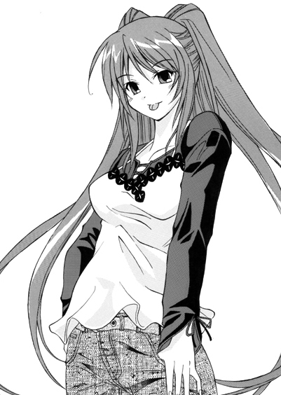 kousaka tamaki, to heart (series), to heart 2, 00s, :p, blush, camisole, casual, greyscale, long hair, monochrome, solo, tongue, tongue out