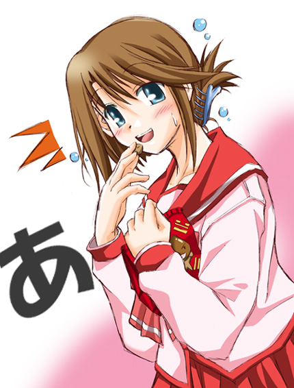 komaki manaka, to heart (series), to heart 2, 00s, 1girl, ^^^, a (phrase), bag, blue eyes, blush, eating, female focus, folded ponytail, school uniform, serafuku, solo, sweat