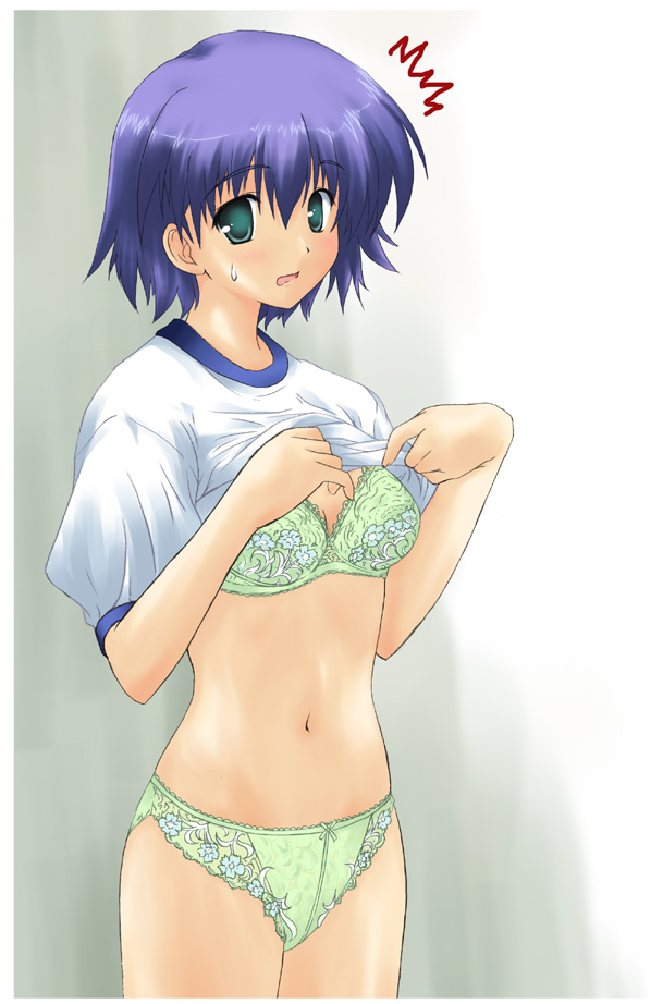 tonami yuma, to heart (series), to heart 2, 00s, 1girl, blue hair, blush, bottomless, bow, bow panties, bra, clothes lift, female focus, frilled panties, frills, green bra, green eyes, green panties, gym uniform, lace, lace-trimmed bra, lace-trimmed panties, lace trim, lingerie, navel, no pants, panties, shirt lift, short hair, solo, standing, underwear, undressing