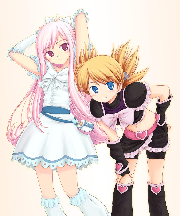 ryp, cure black, cure white, lucy maria misora, sasamori karin, futari wa precure, precure, to heart (series), to heart 2, black footwear, white footwear, 2girls, bent over, blue eyes, boots, brown hair, cosplay, knee boots, long hair, magical girl, multiple girls, navel, pink eyes, pink hair, shorts, shorts under skirt, simple background, white background
