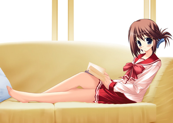 komaki manaka, to heart (series), to heart 2, 00s, 1girl, barefoot, book, bow, bowtie, couch, female focus, folded ponytail, full body, indoors, long sleeves, looking at viewer, open book, pink shirt, pleated skirt, reclining, red skirt, school uniform, shirt, sitting, skirt, solo, window