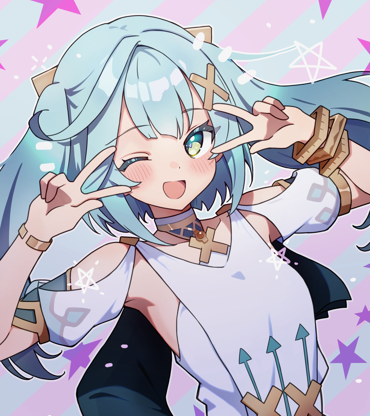 chikuzen1996, faruzan (genshin impact), genshin impact, highres, 1girl, aqua hair, armpits, blush, bracelet, breasts, clothing cutout, collarbone, dress, green eyes, hair ornament, jewelry, long hair, looking at viewer, one eye closed, open mouth, short sleeves, shoulder cutout, small breasts, smile, solo, symbol-shaped pupils, triangle-shaped pupils, twintails, white dress, x hair ornament