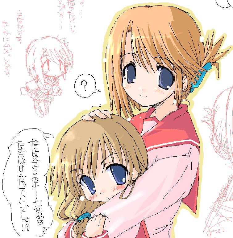 komaki manaka, to heart (series), to heart 2, 00s, 2girls, ?, blonde hair, blue eyes, blush, brown hair, folded ponytail, long sleeves, looking at viewer, multiple girls, oekaki, pink shirt, school uniform, shirt, short hair, simple background, sketch, spoken question mark, upper body, white background