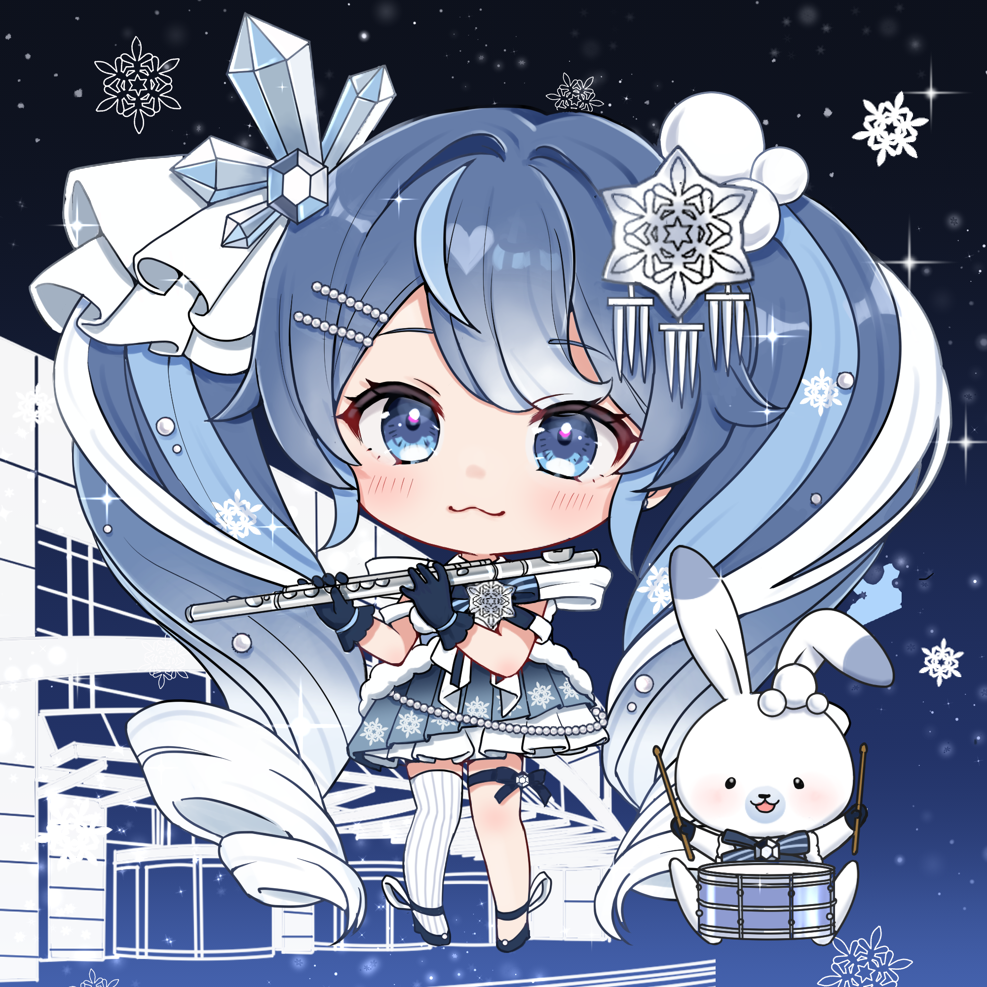 mofmama, hatsune miku, rabbit yukine, yuki miku, yuki miku (2025), vocaloid, commentary request, highres, 1girl, :3, absurdly long hair, asymmetrical legwear, black background, black gloves, black shoes, blue background, blue hair, chibi, chibi only, closed mouth, drill hair, drum, drumsticks, flute, full body, gloves, gradient background, gradient hair, hair between eyes, hair intakes, hair ornament, holding, holding drumsticks, holding flute, holding instrument, instrument, layered skirt, light particles, long hair, looking at viewer, miniskirt, multicolored hair, pinstripe thighhighs, pleated skirt, shoes, simple background, single thighhigh, skirt, snowflake hair ornament, snowflake print, snowflakes, solo, standing, straight-on, streaked hair, swept bangs, thigh strap, thighhighs, twin drills, very long hair, white hair, white skirt, white thighhighs