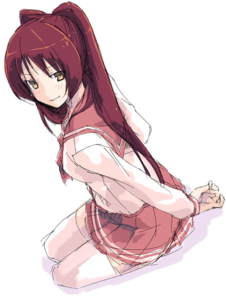 kousaka tamaki, to heart (series), to heart 2, 00s, 1girl, brown eyes, female focus, from above, long sleeves, looking at viewer, looking up, pink shirt, pleated skirt, red hair, red skirt, sailor collar, school uniform, shirt, simple background, skirt, smile, solo, thighhighs, twintails, white background, white thighhighs, zettai ryouiki