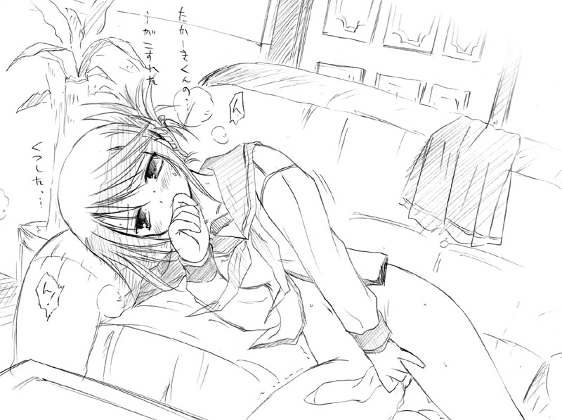komaki manaka, to heart (series), to heart 2, 00s, 1girl, blush, bottomless, couch, female focus, female masturbation, fingering, folded ponytail, greyscale, lying, masturbation, monochrome, navel, pussy juice, school uniform, serafuku, short hair, solo, sweat, trembling
