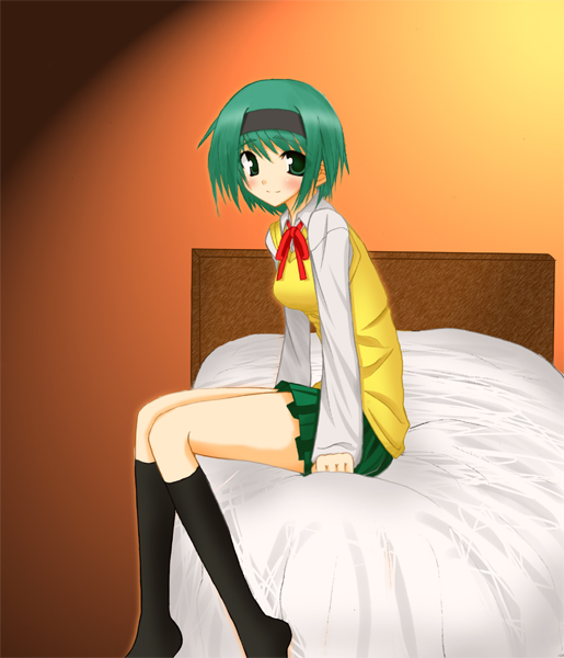 yoshioka chie, to heart (series), to heart 2, 00s, 1girl, bed, female focus, green hair, kneehighs, school uniform, short hair, socks, solo