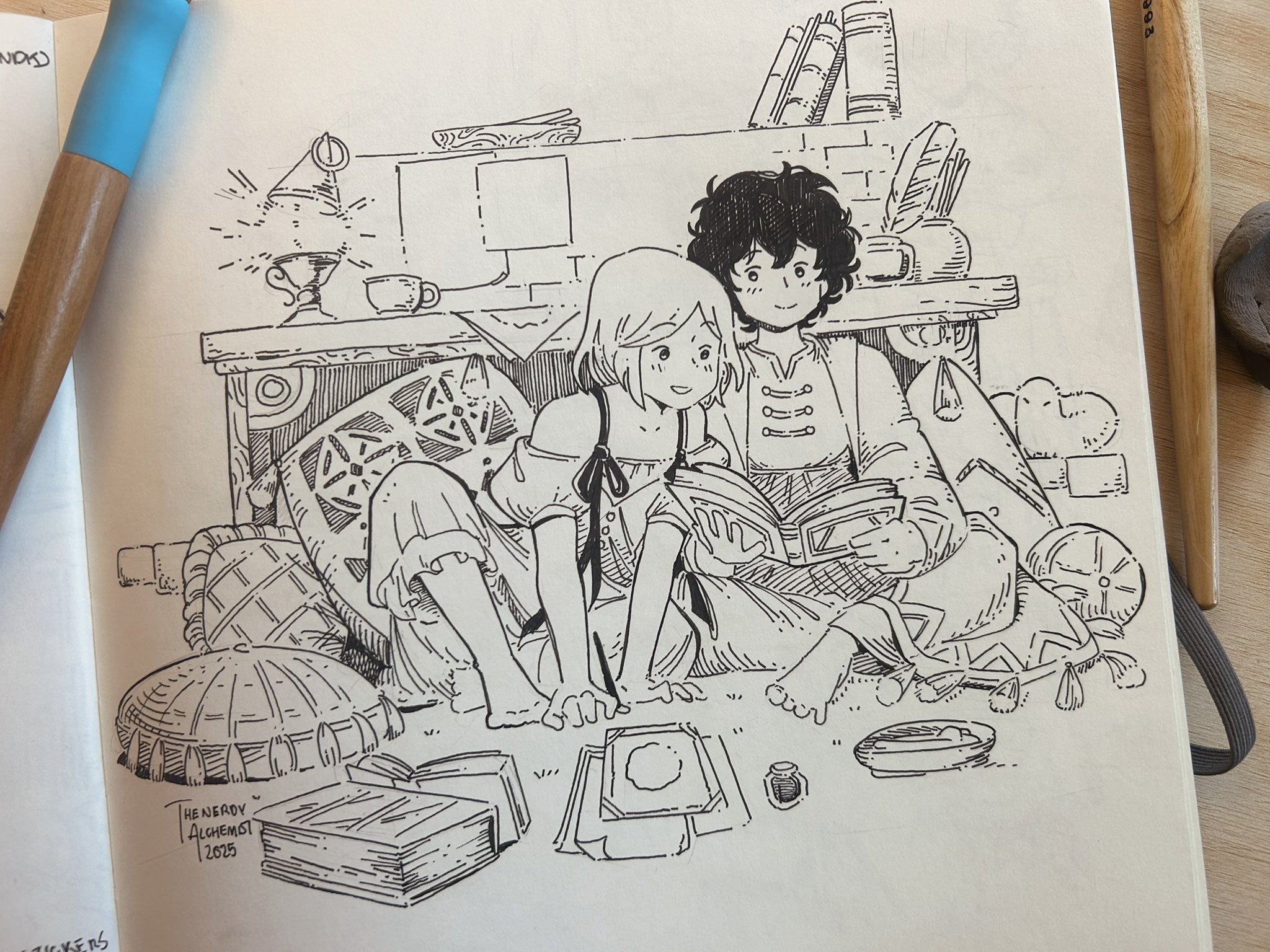 thenerdyalchemist, agott (tongari boushi no atelier), coco (tongari boushi no atelier), tongari boushi no atelier, highres, photo (medium), 2girls, black hair, blush, book, collarbone, feet, holding, holding book, indoors, inkwell, multiple girls, reverse trap, short hair, sitting, sketch, tassel