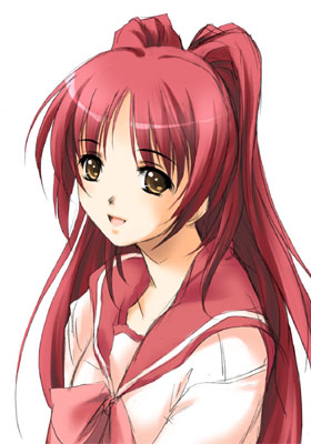kousaka tamaki, to heart (series), to heart 2, lowres, 00s, 1girl, :d, brown eyes, collarbone, female focus, looking at viewer, open mouth, red hair, sailor collar, school uniform, simple background, smile, solo, upper body, white background
