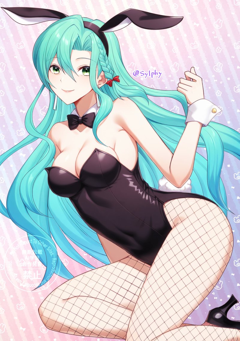sylphy fe, chloe (fire emblem), fire emblem, fire emblem engage, nintendo, 1girl, aqua hair, bare shoulders, bow, braid, breasts, cleavage, covered navel, earrings, fishnet pantyhose, fishnets, green eyes, jewelry, large breasts, long hair, looking at viewer, orange bow, pantyhose, side braid, smile, solo, teardrop earrings, very long hair